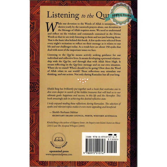 Listening to the Quran Insights, Commands, and Guidance for Our Life By Khalid Baig
ISBN: 9780975515747